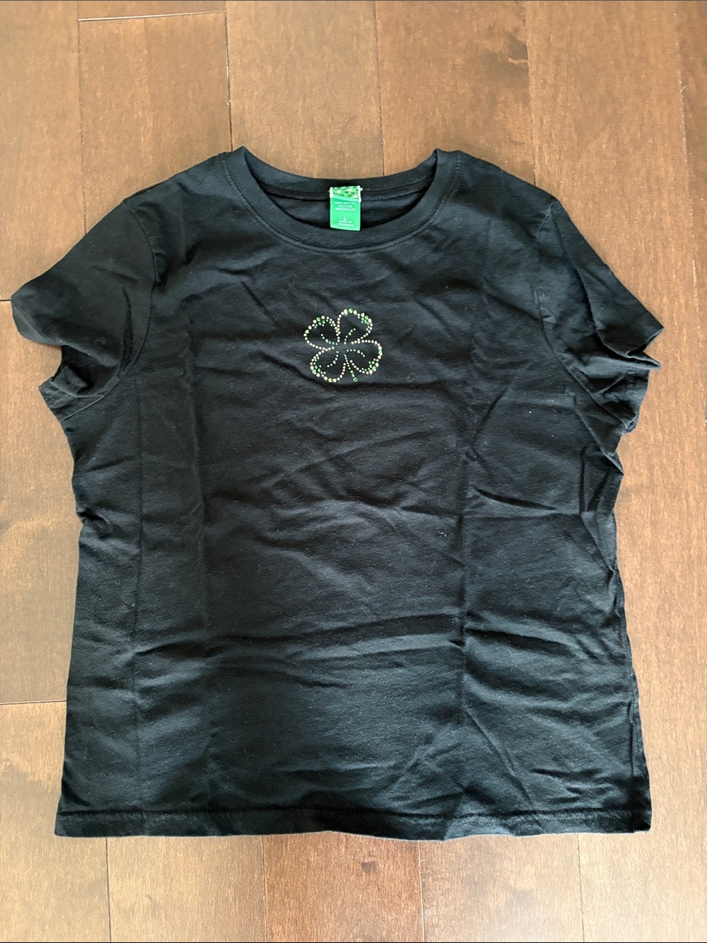 Black Tee with Green Rhinestone Clover Motif